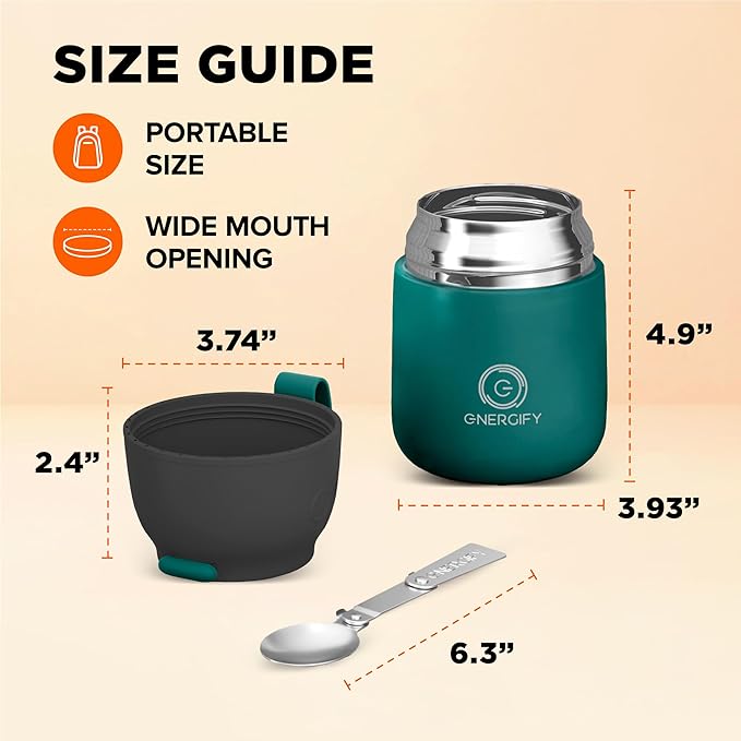 ENERGIFY Vacuum Insulated Food Jar. Large 17oz Bowl incl. Folding Spoon, Cup. Wide Mouth Keep Hot & Cold Drinks Soup Lunch Container for Adults. BPA-Free Stainless Steel, Leak Proof Olive Green