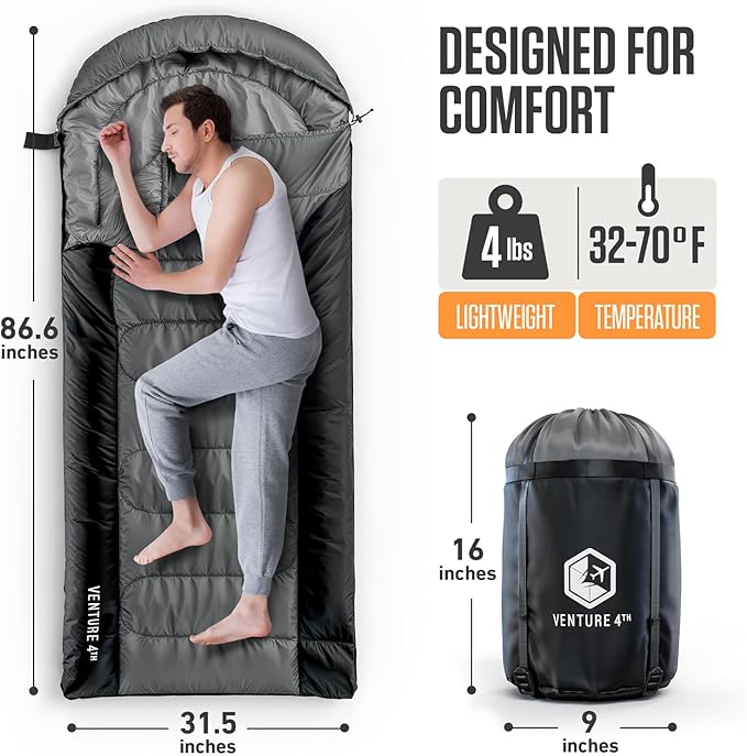 VENTURE 4TH Backpacking Sleeping Bag – XXL, Double and Single Sizes - Lightweight Warm & Cold Weather Sleeping Bags for Adults, Kids & Couples – Ideal for Hiking, Camping & Outdoor Adventures