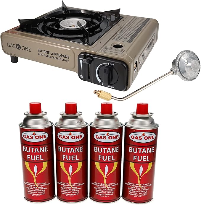 Gas One Propane or Butane Stove GS-3400P Dual Fuel Portable Camping and Backpacking Gas Stove Burner with Carrying Case Great for Emergency Preparedness Kit (Gold) (Stove + 4 Butane Fuel)