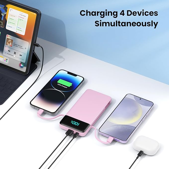 YHO Portable Charger 13800mAh for iPhone with Built-in Cables & AC Wall Plug,5-in-1 USB-C Power Bank,LCD Display External Battery Pack Phone Charger Compatible with iPhone 16/15/14,Android (Pink)