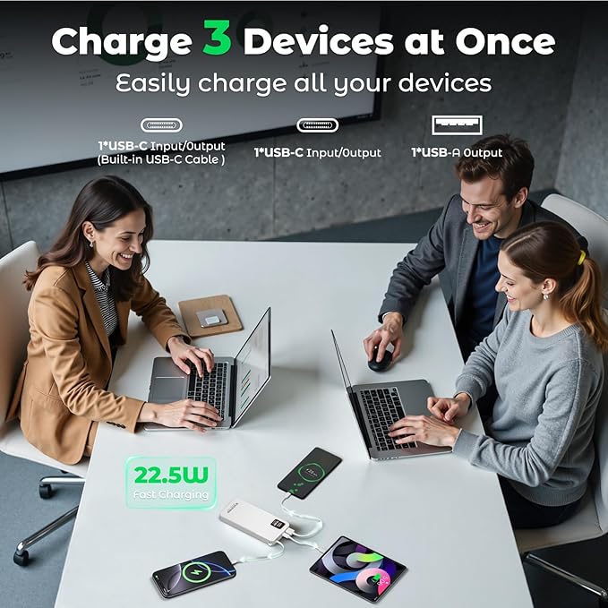 Portable Charger Power Bank, 10000mAh 22.5W Super Fast Charging Powerbank with Built-in USB C in&Out Cable, Slim External Battery Pack for iPhone 16/15/14/13/12/11 iPad Samsung S24 S23 Android etc