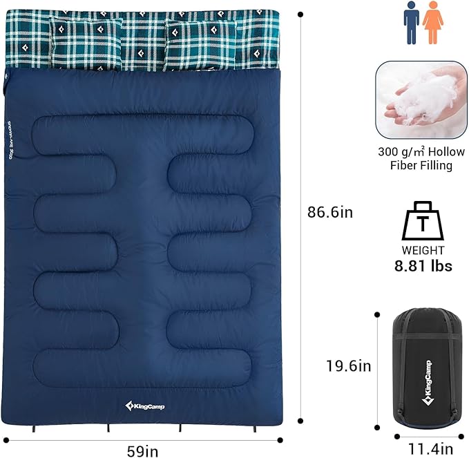 KingCamp Double Sleeping Bag for Adults, Queen Size 2 Person XXL Flannel Sleeping Bag, Waterproof Lightweight Flannel Quilt with 2 Pillows, Perfect for Couples Family Camping Hiking
