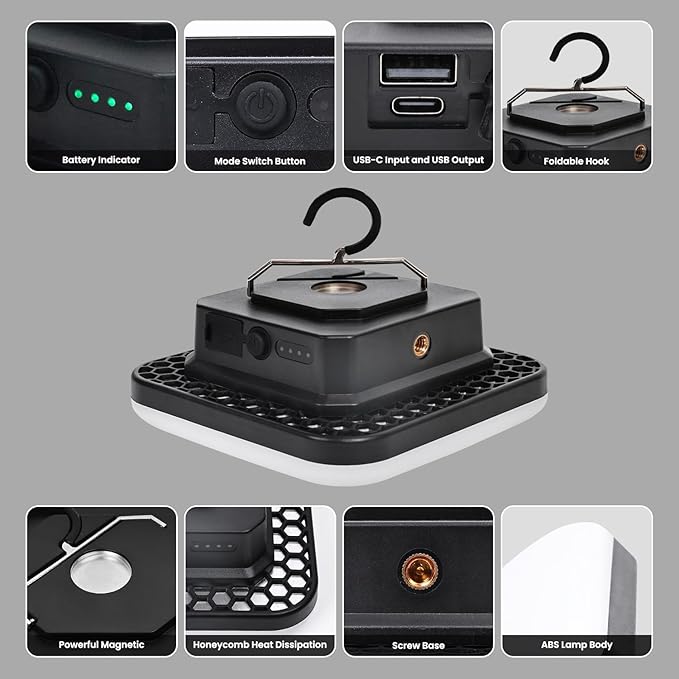 Rechargeable Tent Light, 5 Light Modes & Stepless Dimming, with Magnetic Base & Hook, IP65, Electric Lantern for Camping/Outdoor/Home/Hiking.