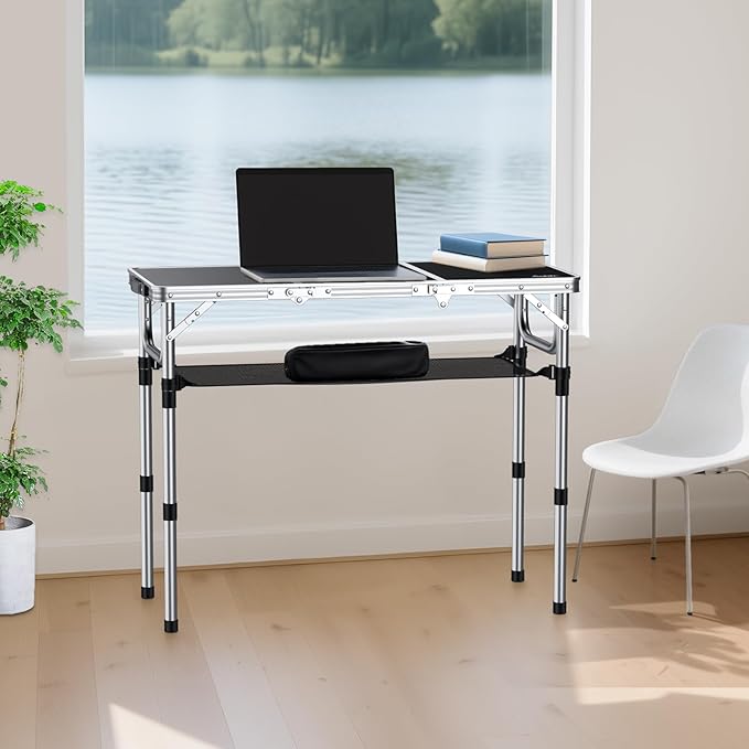 Folding Camping Table with Storage Net, 3ft Camping Table Aluminum Folding Table with 3 Adjustable Height Max 27.1 Inch Picnic Table Portable Table for Outdoor Backyard BBQ, Black