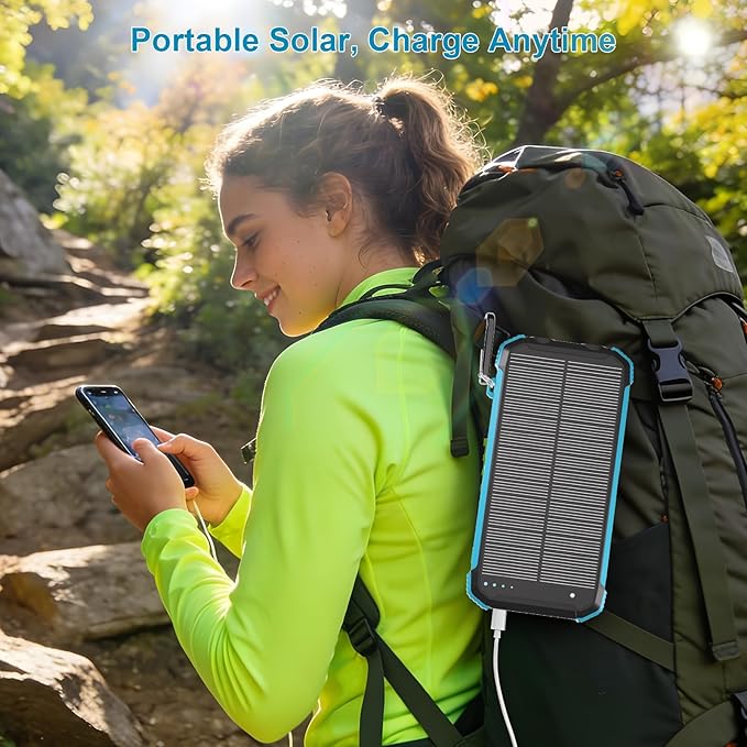 Power Bank Portable Solar Charger, Wireless Fast Charging Battery Pack, 20000mAh Capacity USB-C Input, 6 Outputs, Dual LED Flashlight, USB Battery Pack for Cell Phone Camping Travel Emergency (Blue)