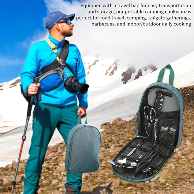 Evanda Camping Kitchen Cooking Utensil Set 10 Piece, Stainless Steel Outdoor Cooking and Grilling Utensil Organizer Travel Set Perfect for Travel, Camping, RVs, BBQs, Picnics, Parties and More