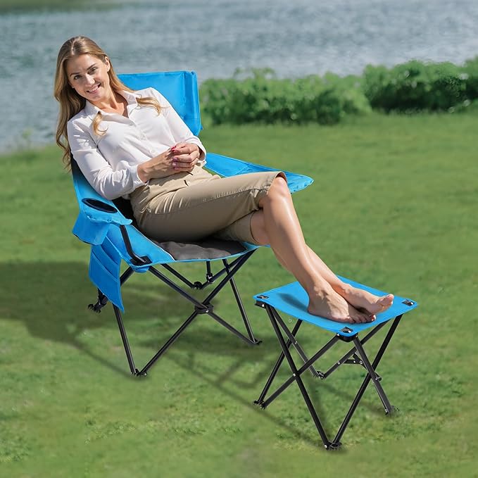 FAIR WIND Oversized Padded Camping Chair with Footrest Stool Set Heavy Duty Support 300 LBS Cooler Bag Chair - Black