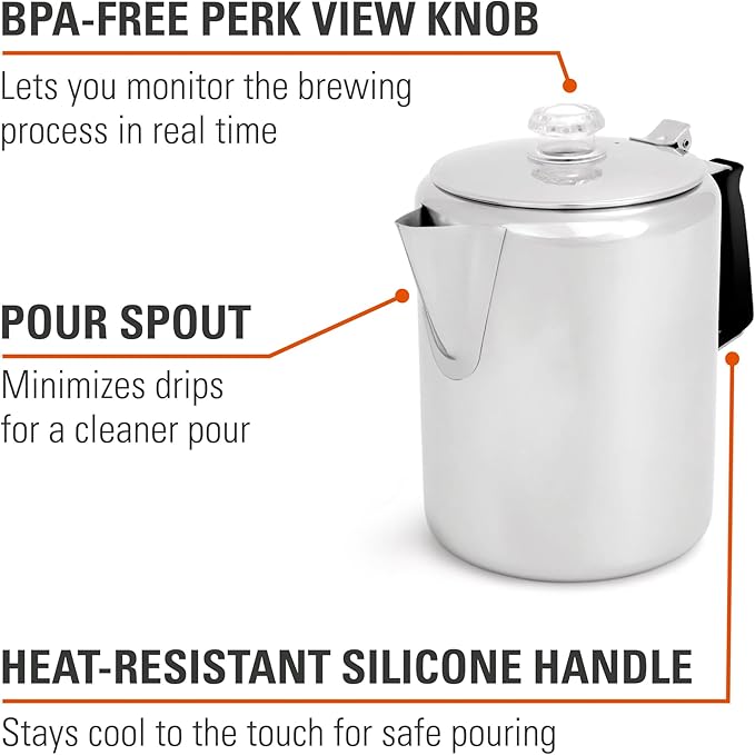 GSI Outdoors Percolator Coffee Pot I Glacier Stainless Steel with Silicone Handle for Camping, Backpacking, Travel, RV & Hunting - Stove Safe