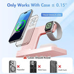 Wireless Charging Station for Apple Devices: 3 in 1 Foldable Qi Compact Case-Friendly Charger Stand for iPhone 17-12 & Apple Watch & AirPods Charging Dock for Travel Home Office Desk Nightstand (Pink)
