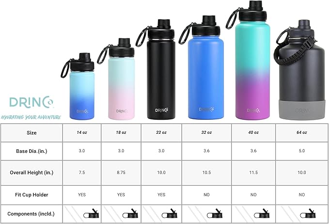 DRINCO Stainless Steel Water Bottle Spout Lid Vacuum Insulated Double Wall Water Bottle Wide Mouth (40oz 32oz 22oz 18oz 14oz) Leak Proof Keep Cold Sport Camping Hiking (40 oz, 40oz Ombre Fuchsia Teal)