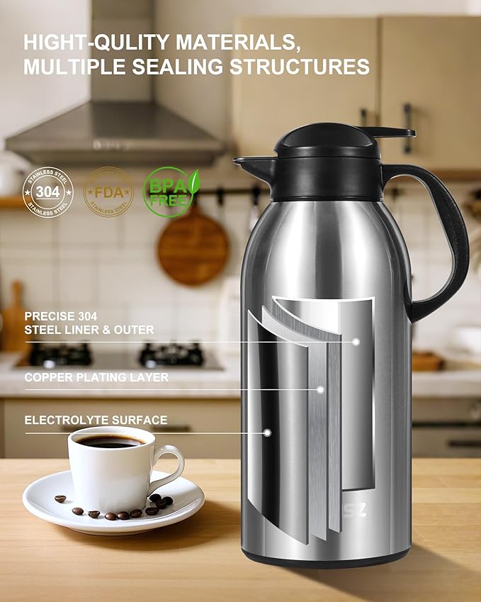 2 PCS Thermal Coffee Carafe 102 oz / 3L - Up to 36 Hours Hot, Insulated Stainless Steel Airpot for Hot Liquids, Coffee Carafes For Keeping Hot Coffee for Parties -Large Carafe Flask(Black/Silver)