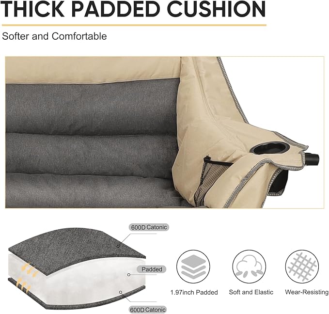 2 Person Fully Padded Camping Chair Oversized Loveseat Camping Chair Double Camping Chairs for Adults Heavy Duty Outdoor Camping Couch, Padded Seats & Armrests, 600Lbs, Beige