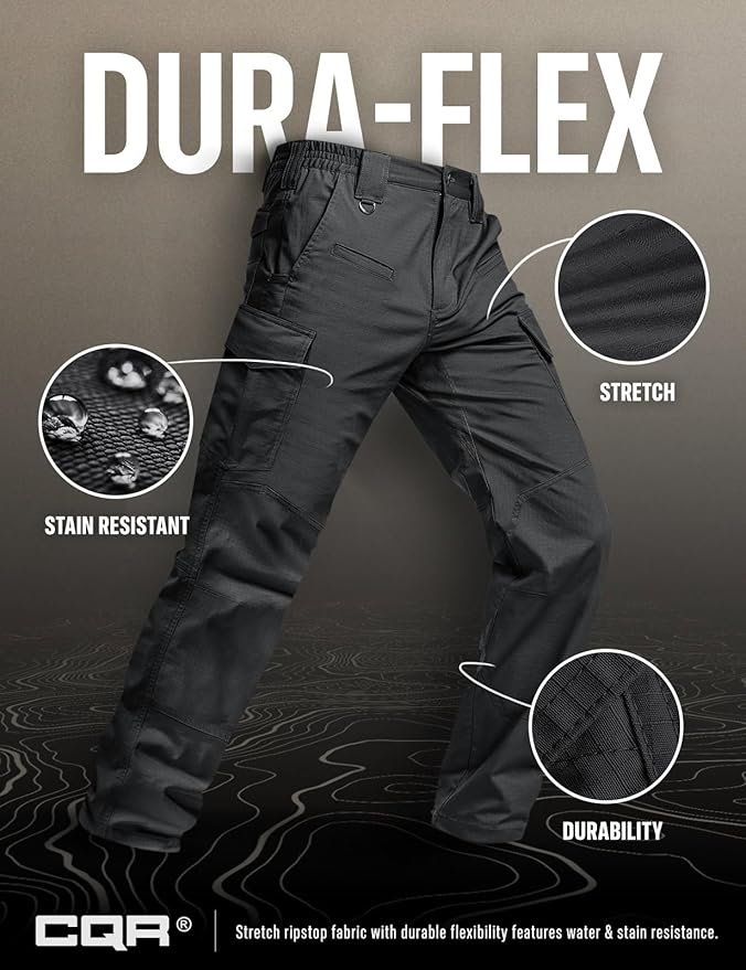 CQR Men's Flex Ripstop Tactical Pants, Water Resistant Stretch Cargo Pants, Lightweight EDC Hiking Work Pants