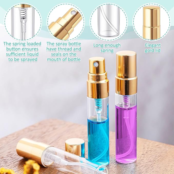 Zhehao 200 Pcs Mini Spray Bottles 5 ml Clear Glass Perfume Bottles Refillable Fine Mist Perfume Atomizer Portable Empty Sample Containers for Cleaning, Essential Oils, Travel (Gold Cap)