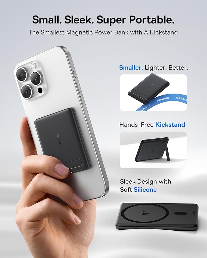 Baseus Picogo Power Bank, Smallest Qi2 Certified 15W MagSafe Portable Charger, 0.5" Ultra Slim 5000mAh Magnetic Battery Pack with Stand, Alloy Wireless Charger for iPhone 17 Pro Max/17 Air/16 Series