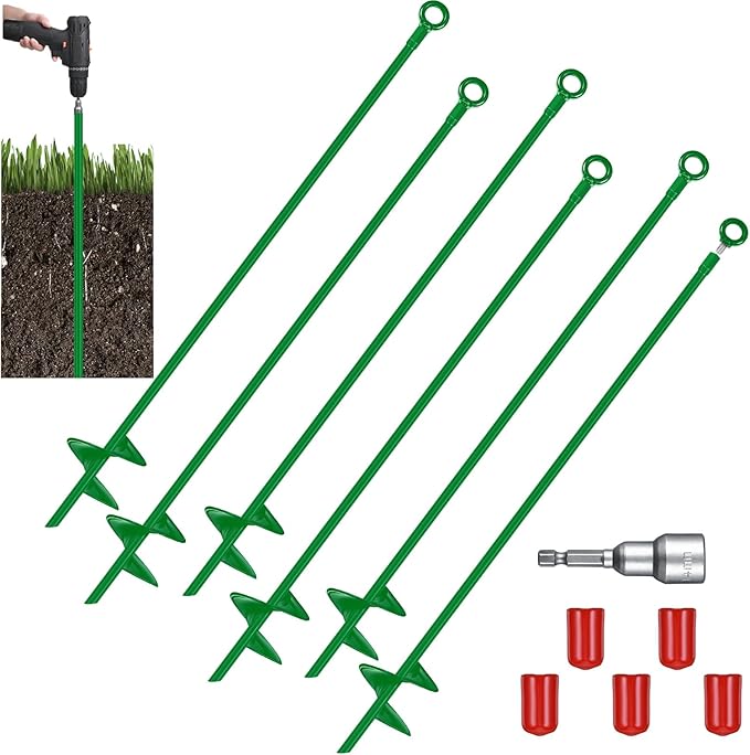 Lasnten 6 Pcs 30 Inch Heavy Duty Ground Anchor Spiral Blade Earth Anchor Kit Metal Anchor Hook Beach Sand Stakes Camping for Securing Animals, Shelters, Tents, Canopies (Green)