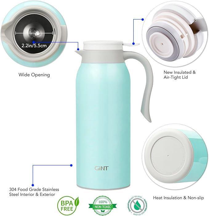 GiNT 51 Oz Stainless Steel Thermal Coffee Carafe, Double Walled Vacuum Insulated Flask, 12 Hour Heat Retention, 1.5 Liter Tea, Water, and Coffee Dispenser (Upgraded version Blue)