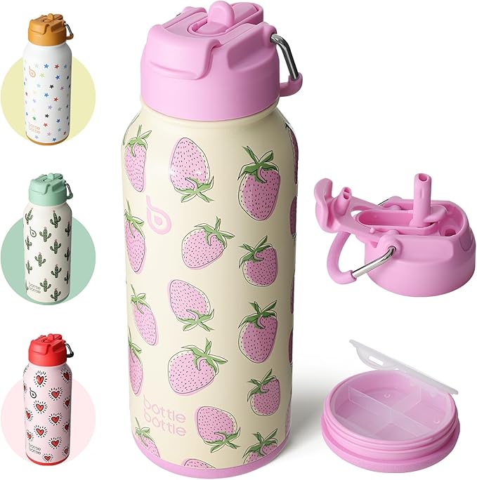 BOTTLE BOTTLE 32oz Insulated Water Bottle Stainless Steel Sport Water Bottle with Straw Dual-use Lid Design for Gym with Pill Box