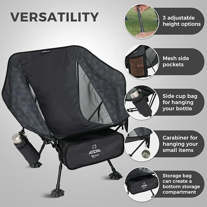 ATEPA UFO3.0 Backpacking Camping Chair, Ultralight Extra Wide Comfortable Folding Chairs 330lbs Heavy Duty Portable Hexagon Ergonomic Height Adjustable Seat with Anti-Sinking Feet for Hiking, Black