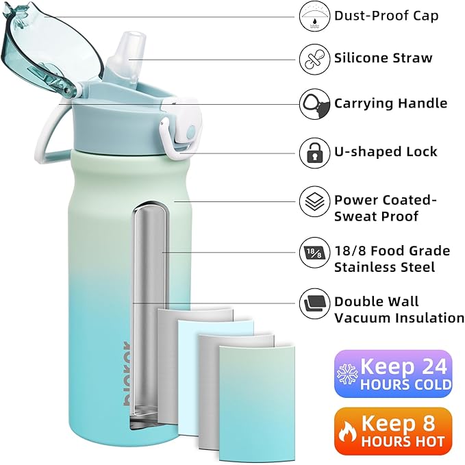 BJPKPK Insulated Water Bottle 18oz Stainless Steel Water Bottles With Straw And Carry Handle Double Wall Metal Thermo,Mint