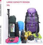 Bseash 50L Hiking Backpack, Water Resistant Lightweight Outdoor Sport Daypack Travel Bag for Camping Climbing Skiing Cycling (Purple - No Shoe Compartment)