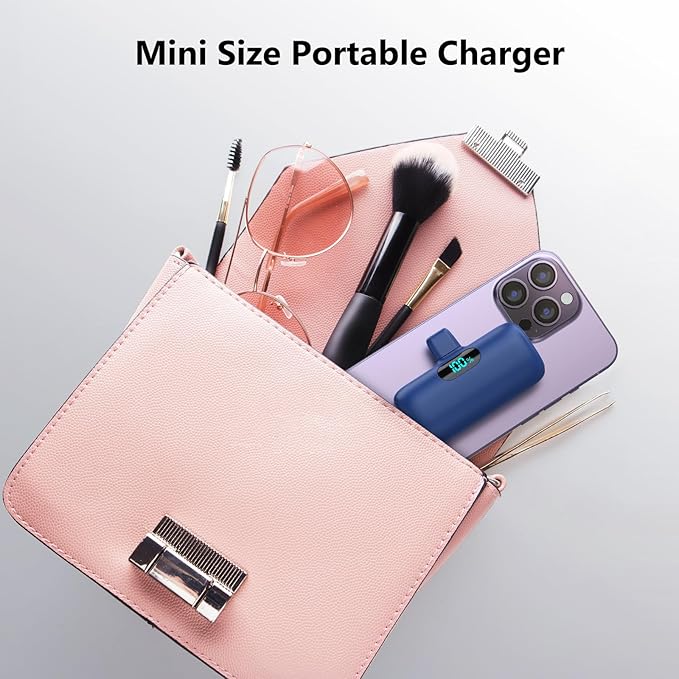 Mini Portable Charger USB C Power Bank,Upgraded 5000mAh PD Fast Charging Battery Pack Built-in USB-C Connector,LCD Display,Compatible with iPhone16,16 Plus,16Pro/Max/15,iPad Pro/Air (Dark Blue)