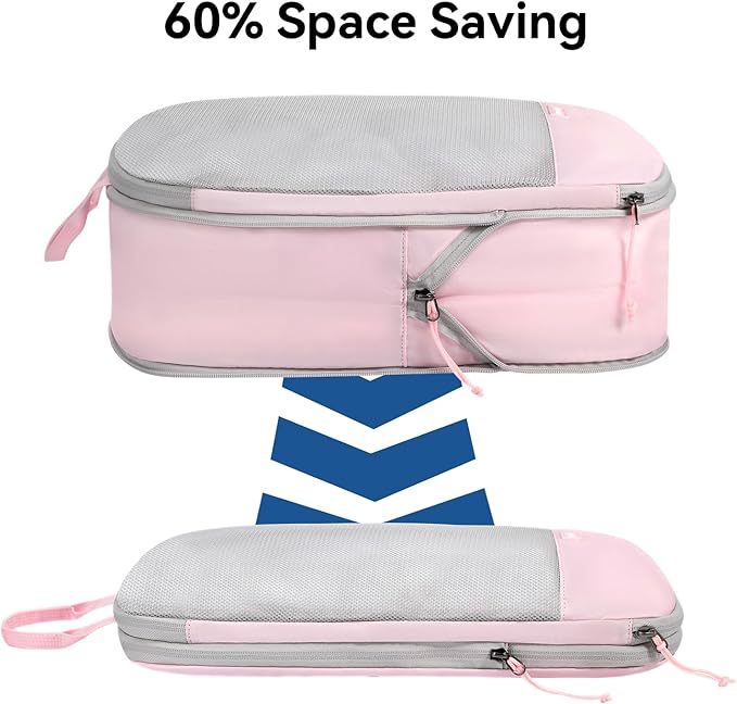 Voova 6 Set Compression Packing Cubes, Travel Accessories Expandable Packing Organizer Bags Set for Carry on Suitcase, Durable Luggage Packing Cubes for Travel Essentials, Pink