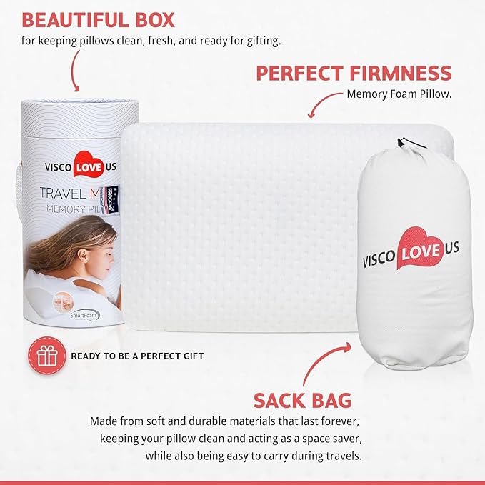 Travel & Camping Pillow - Comfortable Memory Foam Travel Small Pillow - Backpacking Pillow Easy to Carry Portable Bag Ideal for Airplane & Car Travel Pillows (White)