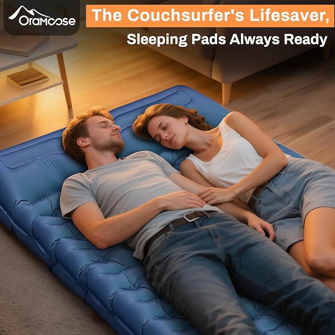 Double Sleeping Pad for Camping, Extra Thick 6 Inch Sleeping Mat Camping for 2 Person Self Inflating Camping Pad with Built-in Pillow & Foot Pump Inflatable Camping Mat for Backpacking Hiking Tents