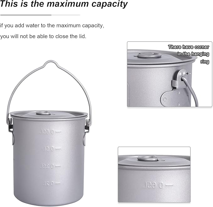 iBasingo 750ml Titanium Mug Camping Hanging Pot with Lid Ultralight Outdoor Travel Tea Coffee Water Cup Portable Hiking Picnic Backpacking Cooking Kit with Foldable Handle Ti3038D