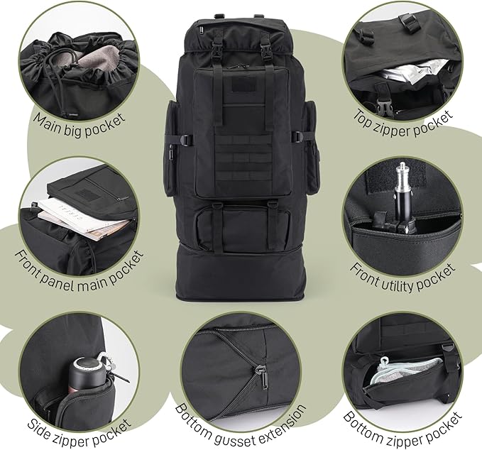 100L Hiking Backpack Tactical Military Molle Rucksack with USB Charging Port - Large Capacity Men Women Camping Gear for Backpacking, Trekking, Climbing, Outdoor Travel (Black)