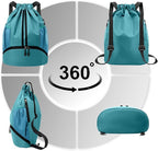 Hoedia Sports Drawstring Backpack - String Swim Gym Bag with Shoes Compartment and Wet Proof Pocket for Women and Men