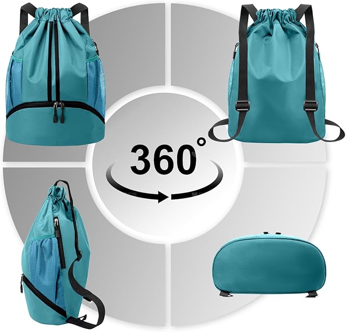Hoedia Sports Drawstring Backpack - String Swim Gym Bag with Shoes Compartment and Wet Proof Pocket for Women and Men