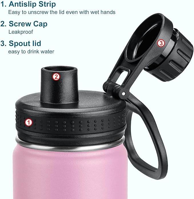 koodee Insulated Water Bottle, 22 oz Stainless Steel Double Wall Vacuum Wide Mouth Sport Bottle with Leakproof Spout Lid (Pink)