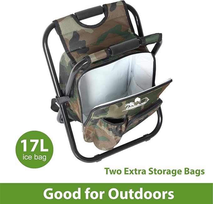 LEADALLWAY Backpack Fishing Chair with Cooler Bag Foldable Stool,Fishing Hunting Gifts for Men,Outdoor,Camping,Paints,BBQ,Beach,Picnic,Hiking,Concert, Camouflage