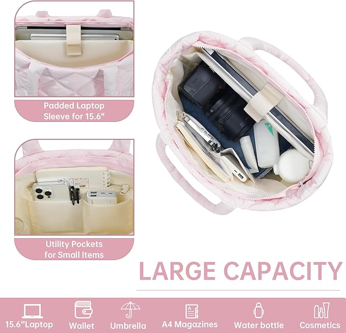 Puffer Tote Bag for Women, Quilted Bag with Zipper, Small Tote HandBags for Work, Travel