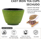 Japanese Cast Iron Tea Cups, Small and Heavy Teacups with no Handles, Japanese Style Cup for Adults, Asian Teacups, Coated with Enameled Interior, 4 Pcs/Box (Green, 2oz/60ml)