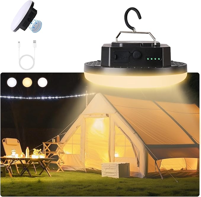 Camping Pop up Tent Light for Hanging, LED Rechargeable Portable Overhead Lantern for Vendor Booths, 3 Modes Waterproof Outdoor Camp Lamp with Battery Power for Glamping (Dimming-Black)