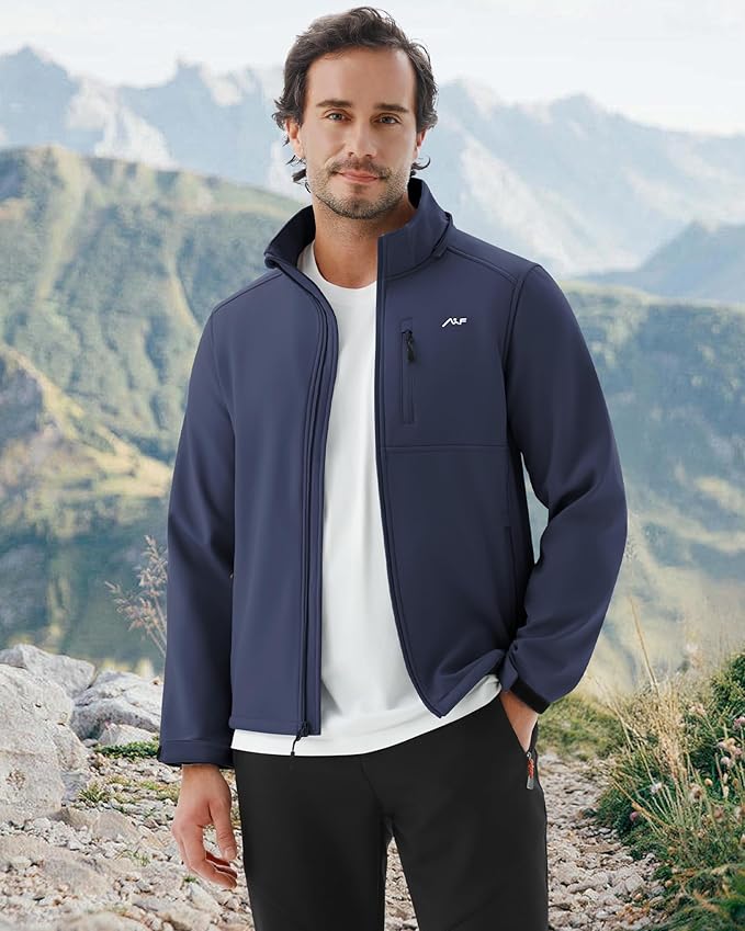 WULFUL Men's Softshell Jacket Waterproof Lightweight Insulated Windbreaker Fleece Lined Rain Shell Jacket for Hiking Travel