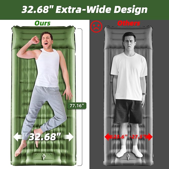 Sleeping Pad for Camping, 32.68 Inch Extra Wide Inflatable Camping Mat with Pillow and Built-in Foot Pump, Air Mattress 5.11 Inch Extra Thick for Tent (Army Green)