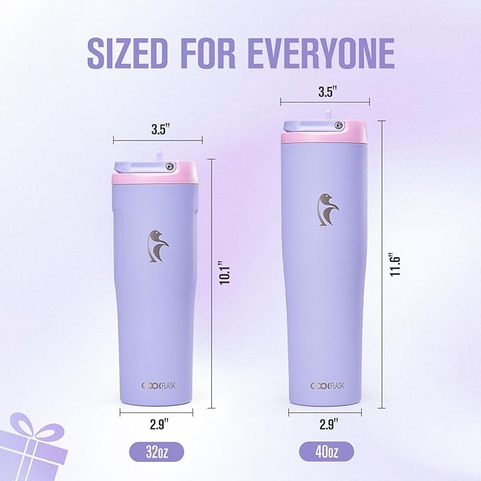 Coolflask Water Bottle 32 oz Fits Car Cup Holder, Slim Tumbler Stainless Steel with Straw & Handle, Vacuum Flask Leakproof Wide Mouth for Travel Sports Gym, Lavender