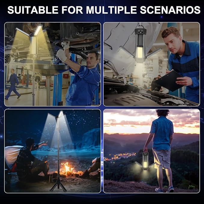 Rechargeable LED Work Light with Stand, 2000LM 3000/6000K Dimmable Cordless Work Light with 5 Lighting Modes and 3 Brightness, Portable Solar Job Site Lighting Kit