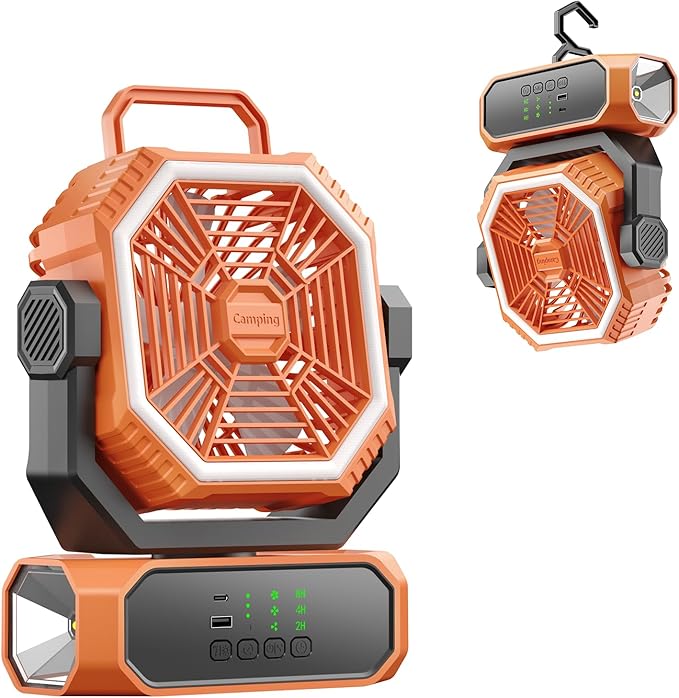 VVU&CCO Portable Fan for Camping with LED Lantern,20000mAh Rechargeable Battery,65H Runtime,USB-C Fast Charging, 3 Speeds - Cordless Desk Fan for Travel Home Office Tent Desk