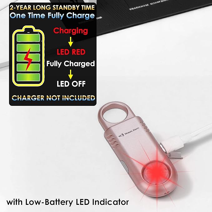135dB Rechargeable Personal Safety Alarm Built-in Ultra-Bright Flashlight Non Slip Grip Keychain Emergency SOS Siren for Women, Students, Night Runner. Loud Sound Hiking Bear Alerts Hook. Rose Gold