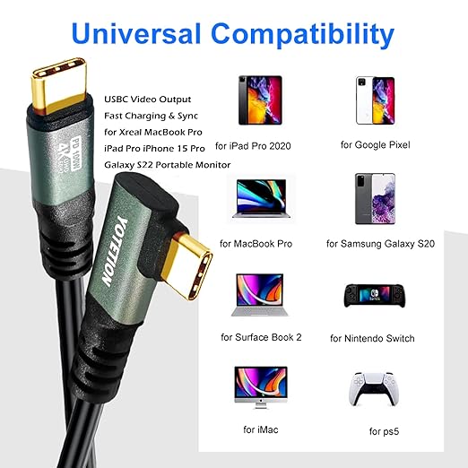 USB C-C 15ft 90° Right Angle Cable Type C 4K60Hz Aluminum Connector, Aluminum Alloy Case, 100W PD Fast Charging & Data Sync (10Gbps) Available for MacBook, iPad Pro, Galaxy S24