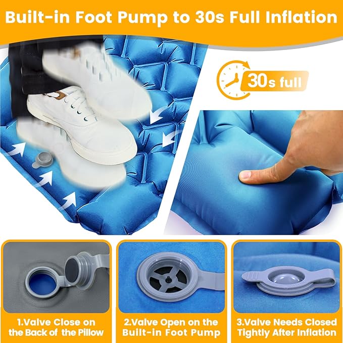 Inflatable Camping Mat, Ultra-Lightweight Sleeping Pad with Built-in Pillow & Foot Pump, Camp Pads for Backpackers, Hikers & Outdoor Enthusiasts, Easy to Carry, Gifts