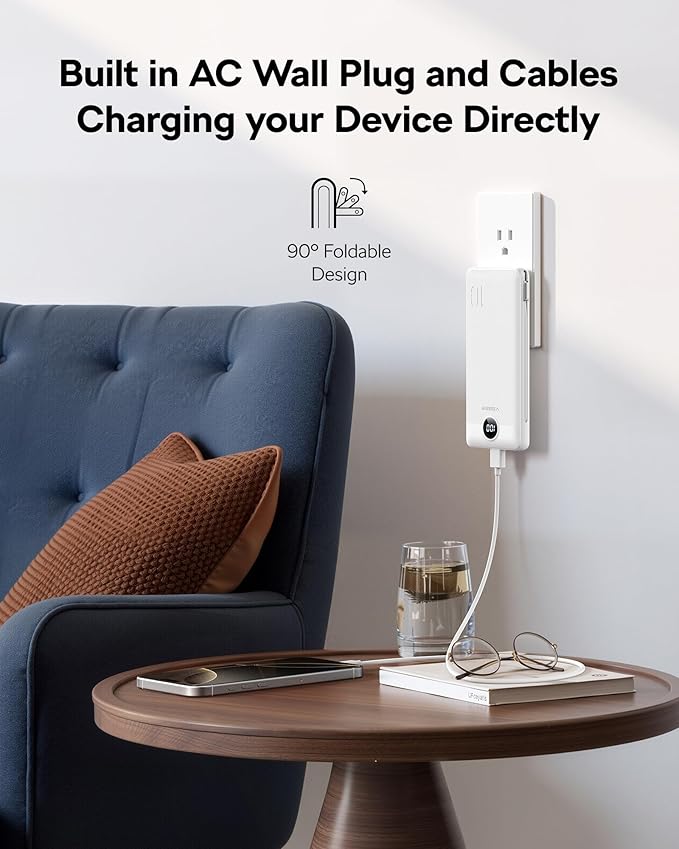 VEGER All in One Travel Portable Charger with Built-in AC Plug & Cables, 10000mAh Slim Power Bank Battery Pack, 15W Fast Charging for iPhone, Samsung, Android-Black