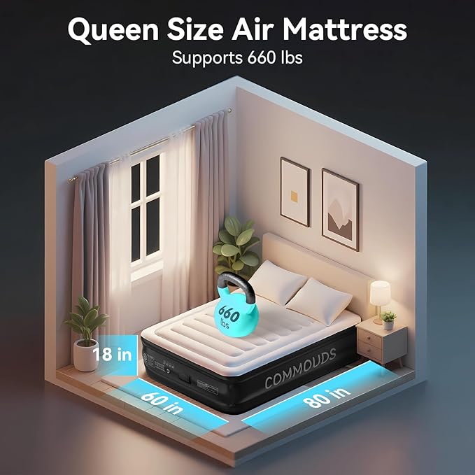 COMMOUDS Queen Air Mattress with 2000mAh Battery Powered Pump, 18" Raised Inflatable Mattress, Portable Blow up Mattress, Air Bed for Camping, Home and Guest