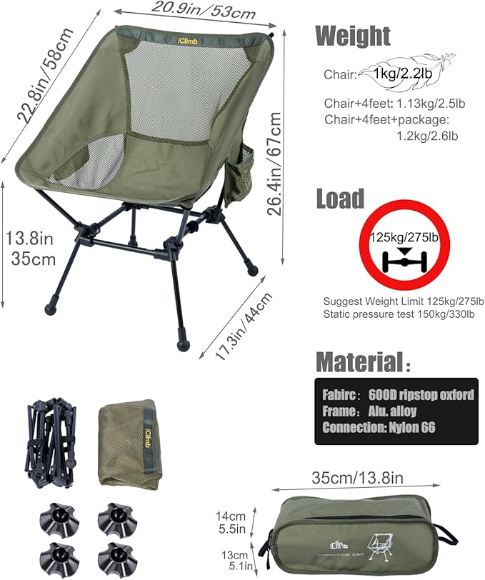 iClimb Ultralight Compact Camping Folding Beach Chair with Anti-Sinking Large Feet and Back Support Webbing (Green - Square Frame - 2PC)