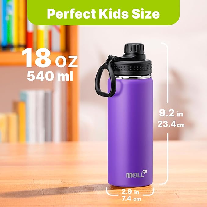 Water Bottle with Spout Lid-18 oz Stainless Steel Insulated Wide Mouth Sports Water Bottle for Kids-Reusable Leak Proof Travel Flask with Silicone Boot, BPA-Free(Purple)